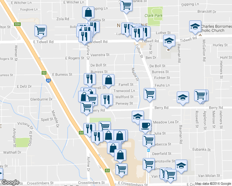 map of restaurants, bars, coffee shops, grocery stores, and more near 34 Trenwood Lane in Houston