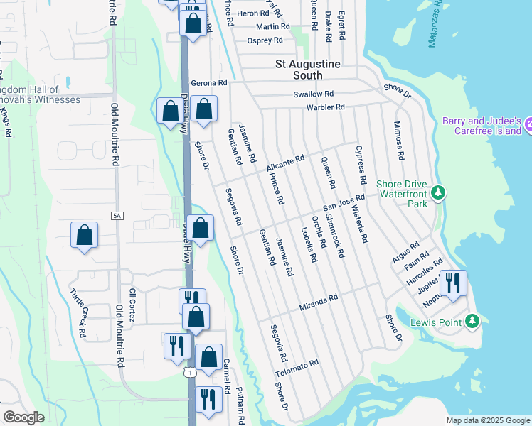 map of restaurants, bars, coffee shops, grocery stores, and more near 333 Gentian Road in St. Augustine