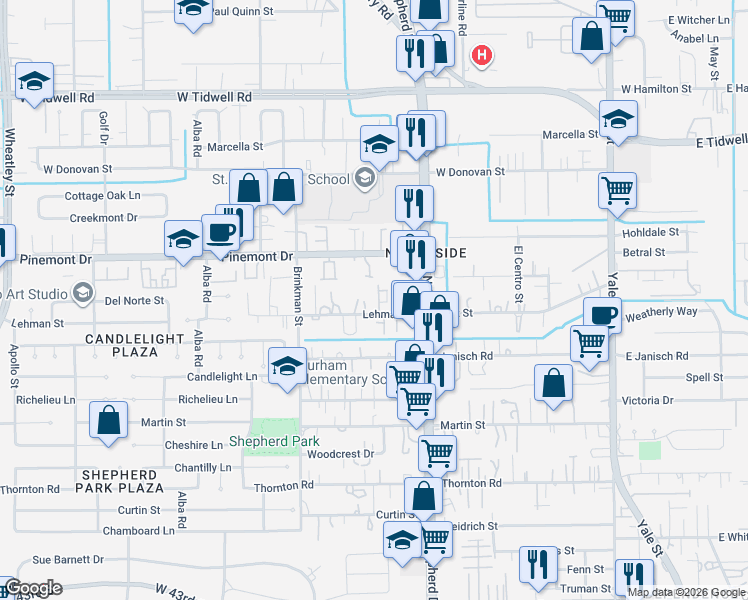 map of restaurants, bars, coffee shops, grocery stores, and more near 718 Lehman Street in Houston