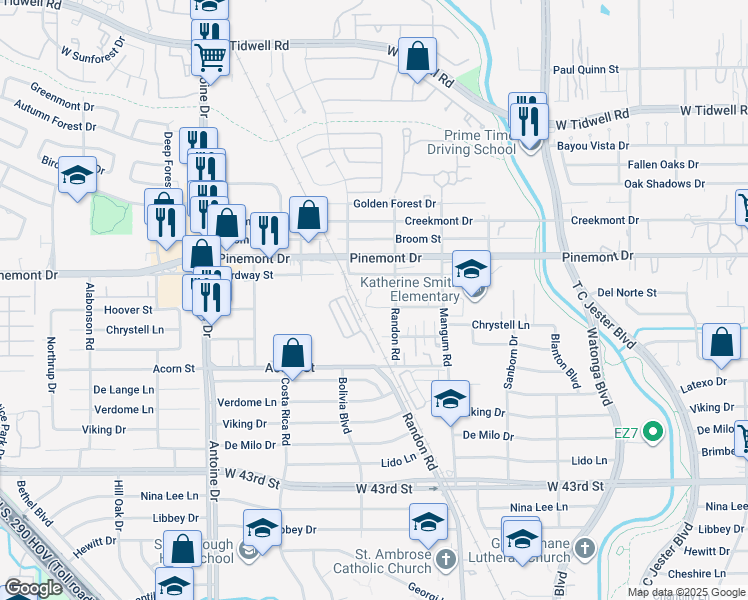 map of restaurants, bars, coffee shops, grocery stores, and more near 5018 Hoover Street in Houston