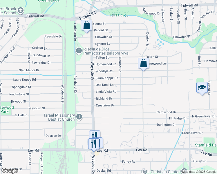 map of restaurants, bars, coffee shops, grocery stores, and more near 8018 Oak Knoll Lane in Houston