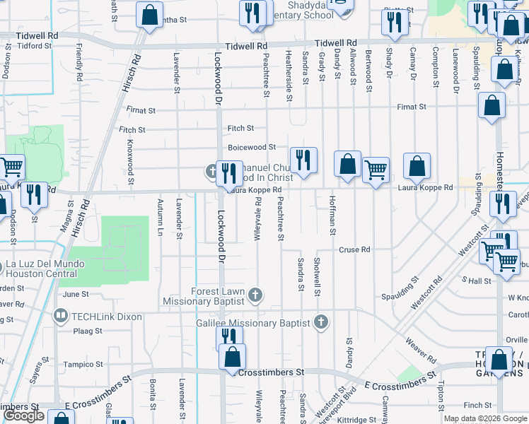 map of restaurants, bars, coffee shops, grocery stores, and more near 8705 Peachtree Street in Houston