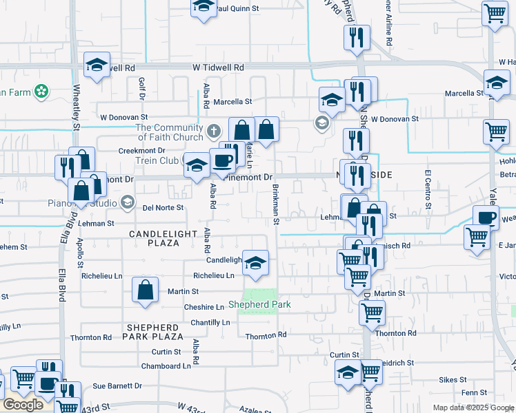map of restaurants, bars, coffee shops, grocery stores, and more near 910 Lehman Street in Houston