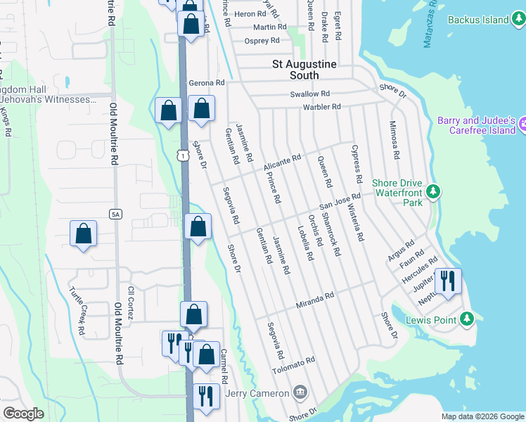 map of restaurants, bars, coffee shops, grocery stores, and more near 333 Gentian Road in St. Augustine