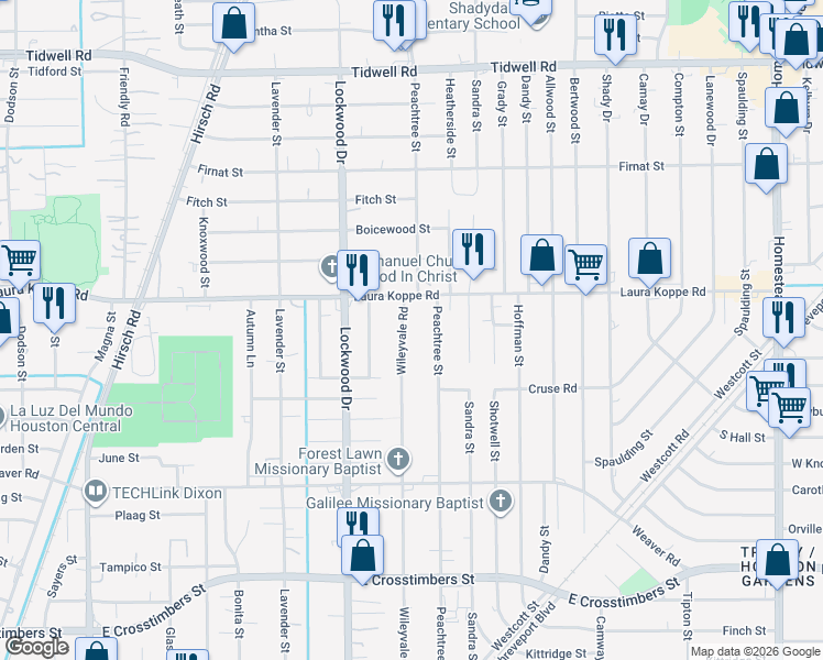 map of restaurants, bars, coffee shops, grocery stores, and more near 8705 Peachtree Street in Houston