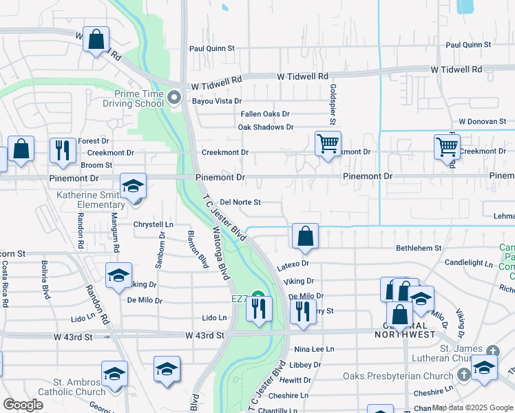 map of restaurants, bars, coffee shops, grocery stores, and more near 2403 Del Norte Street in Houston