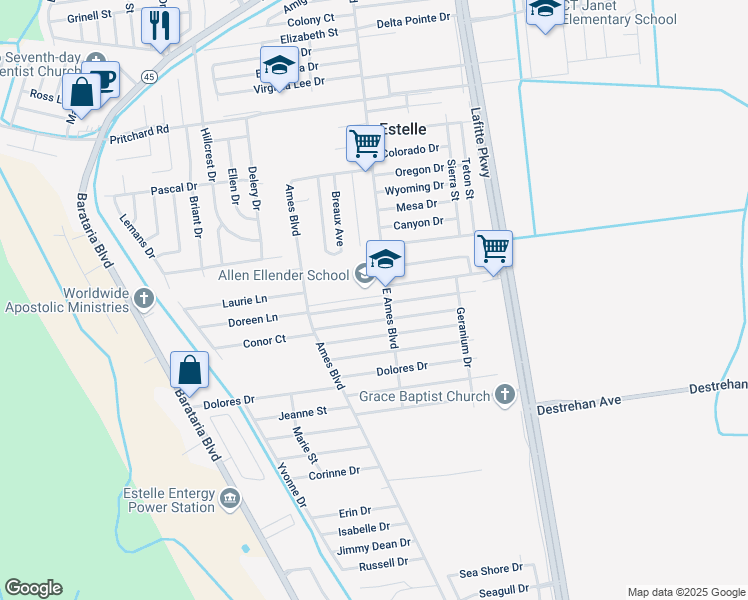 map of restaurants, bars, coffee shops, grocery stores, and more near 2608 Rue Jesann in Marrero