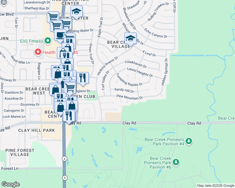 map of restaurants, bars, coffee shops, grocery stores, and more near 15830 Pine Mountain Drive in Houston