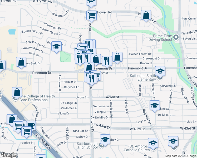 map of restaurants, bars, coffee shops, grocery stores, and more near 5608 Hoover Street in Houston