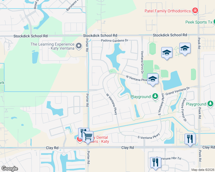 map of restaurants, bars, coffee shops, grocery stores, and more near Stolz Trail in Katy
