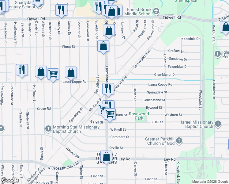 map of restaurants, bars, coffee shops, grocery stores, and more near 8730 Shreveport Boulevard in Houston