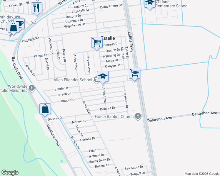 map of restaurants, bars, coffee shops, grocery stores, and more near 2540 Rue Jesann in Marrero