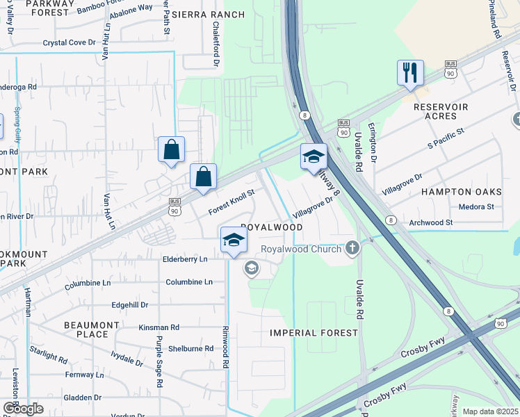 map of restaurants, bars, coffee shops, grocery stores, and more near 8006 Parkglen Drive in Houston