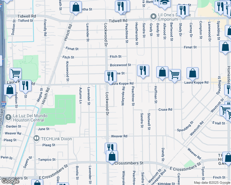 map of restaurants, bars, coffee shops, grocery stores, and more near 8710 Clarington Street in Houston