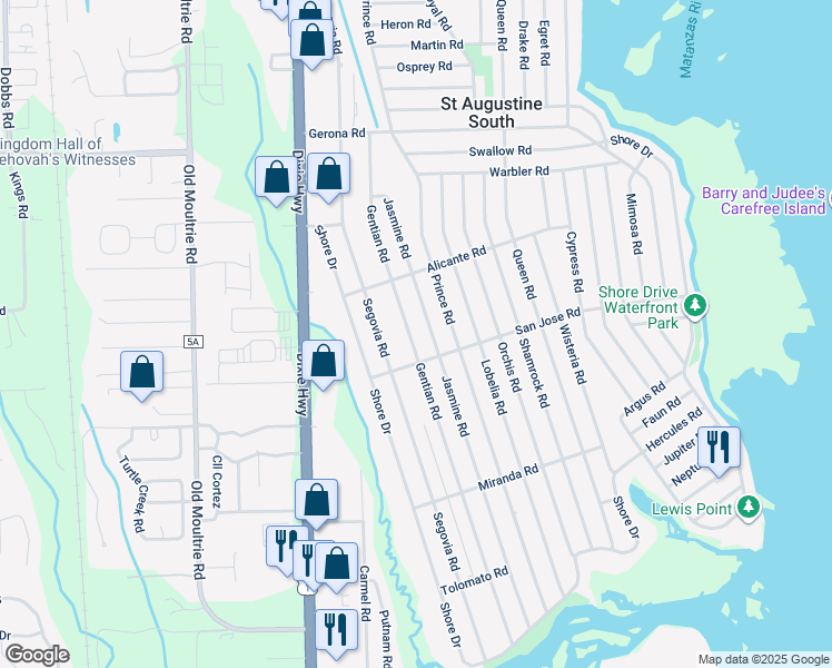 map of restaurants, bars, coffee shops, grocery stores, and more near 333 Gentian Road in St. Augustine