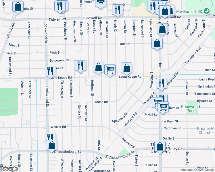 map of restaurants, bars, coffee shops, grocery stores, and more near 8701 Bertwood Street in Houston