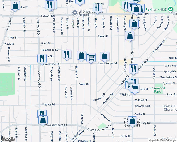 map of restaurants, bars, coffee shops, grocery stores, and more near 8701 Bertwood Street in Houston