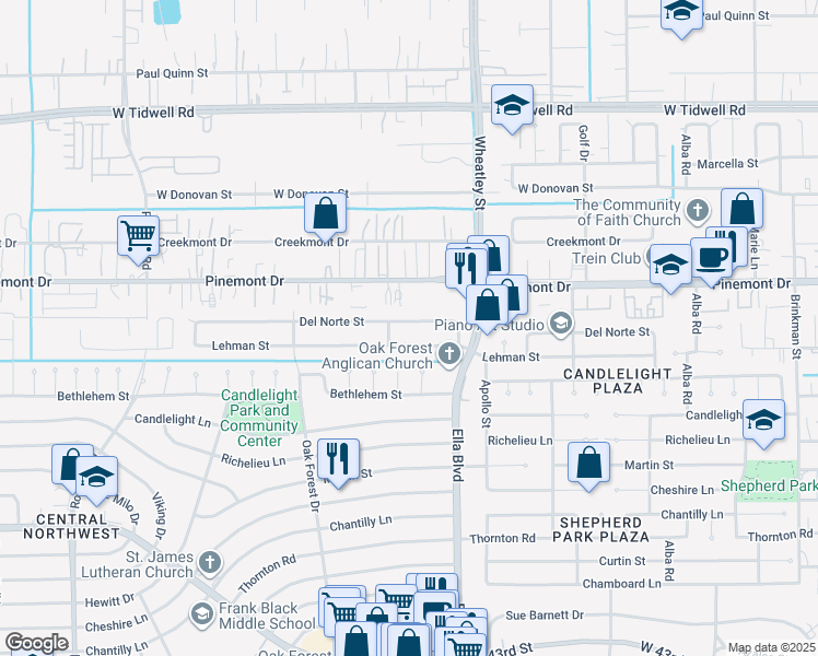 map of restaurants, bars, coffee shops, grocery stores, and more near 1231 Del Norte Street in Houston