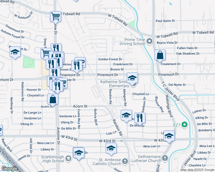 map of restaurants, bars, coffee shops, grocery stores, and more near 5018 Hoover Street in Houston