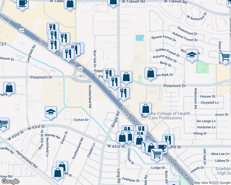 map of restaurants, bars, coffee shops, grocery stores, and more near 5101 Bingle Road in Houston
