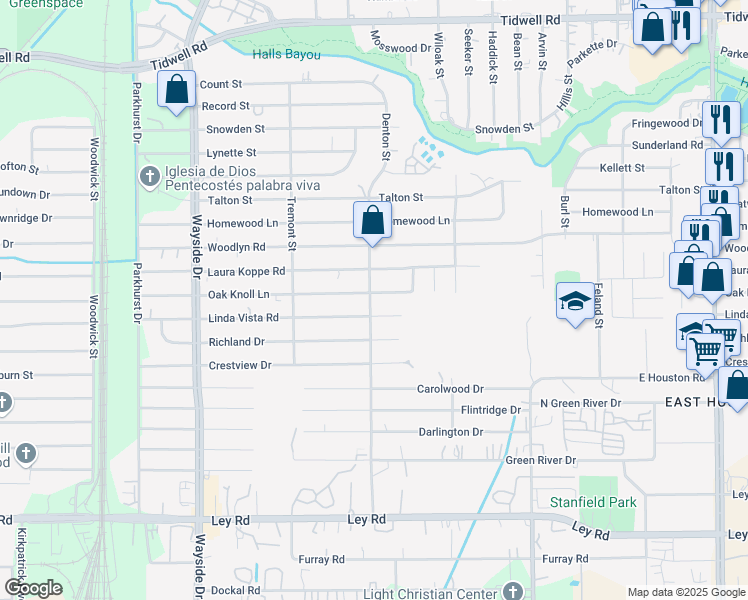 map of restaurants, bars, coffee shops, grocery stores, and more near 8406 Denton Street in Houston