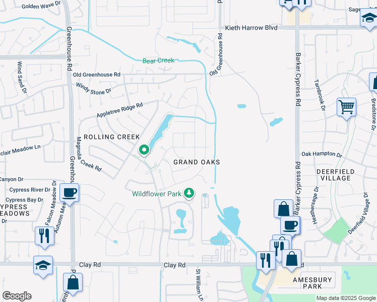 map of restaurants, bars, coffee shops, grocery stores, and more near 18511 Sleeping Bear Way in Houston