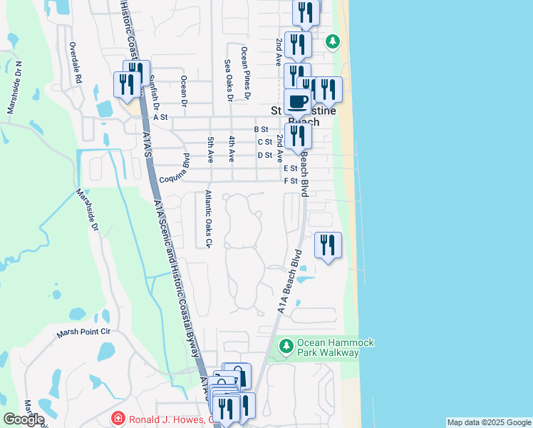 map of restaurants, bars, coffee shops, grocery stores, and more near 604 Seagrape Circle in St. Augustine