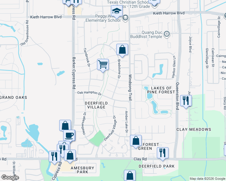 map of restaurants, bars, coffee shops, grocery stores, and more near 18102 Mountfield Drive in Houston