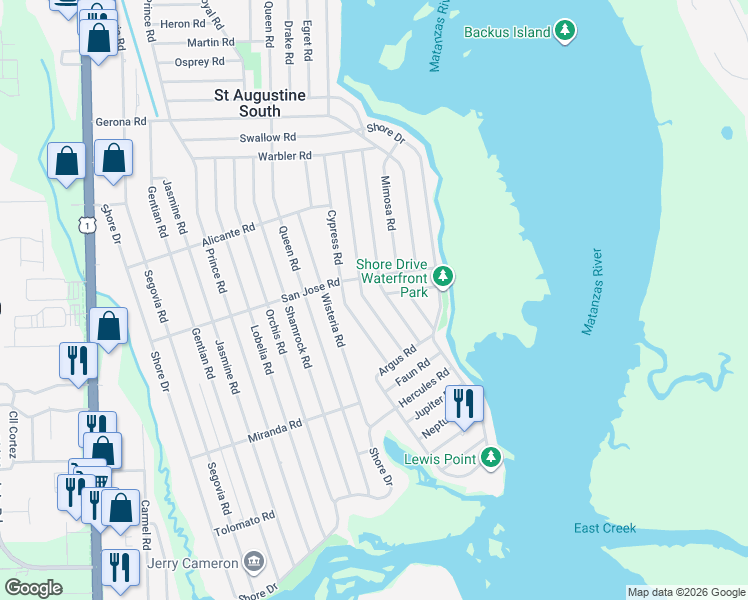 map of restaurants, bars, coffee shops, grocery stores, and more near 219 Hawthorne Road in St. Augustine