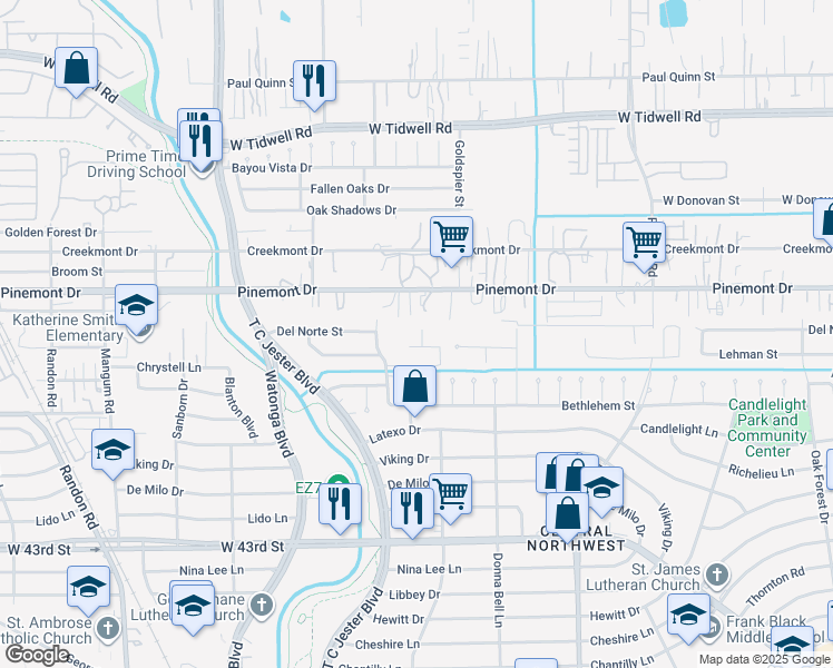 map of restaurants, bars, coffee shops, grocery stores, and more near 4507 Sweet Madeline Lane in Houston