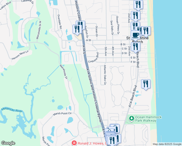 map of restaurants, bars, coffee shops, grocery stores, and more near 625 Bowers Lane in St. Augustine