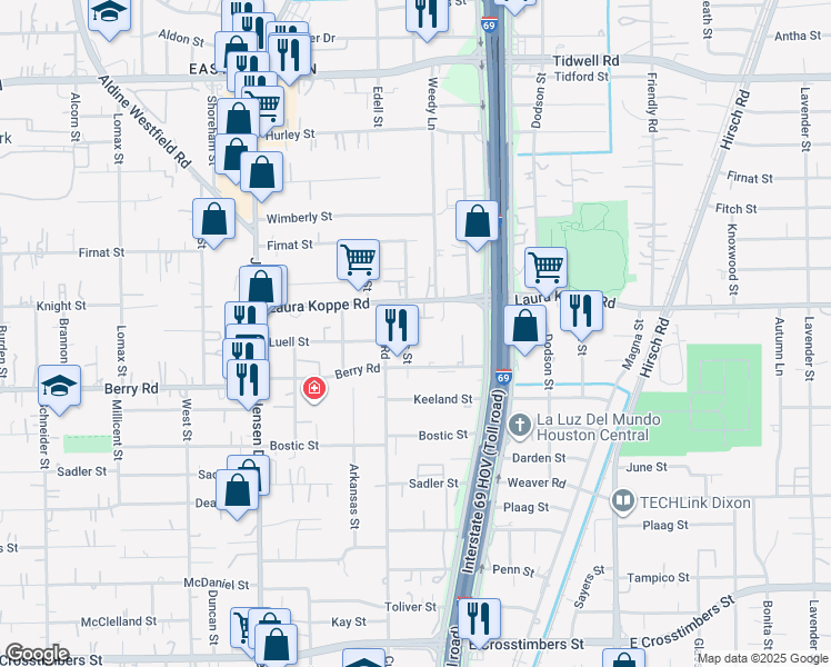 map of restaurants, bars, coffee shops, grocery stores, and more near 8802 Manus Street in Houston