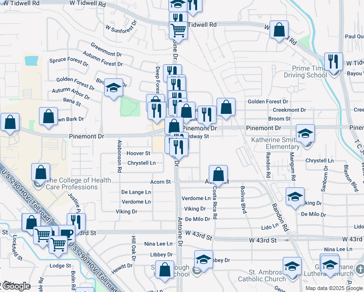 map of restaurants, bars, coffee shops, grocery stores, and more near 5608 Hoover Street in Houston