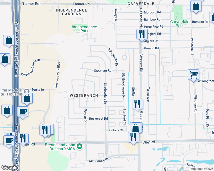 map of restaurants, bars, coffee shops, grocery stores, and more near 4902 Shadowdale Drive in Houston