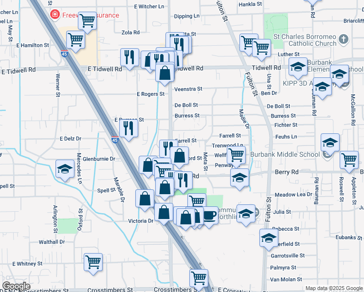 map of restaurants, bars, coffee shops, grocery stores, and more near 8 Farrell Street in Houston