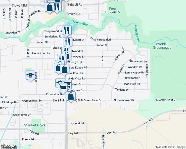 map of restaurants, bars, coffee shops, grocery stores, and more near 9022 Oak Knoll Lane in Houston