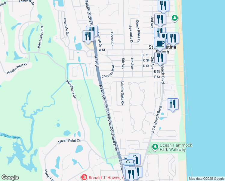 map of restaurants, bars, coffee shops, grocery stores, and more near 160 Bay Bridge Drive in St. Augustine