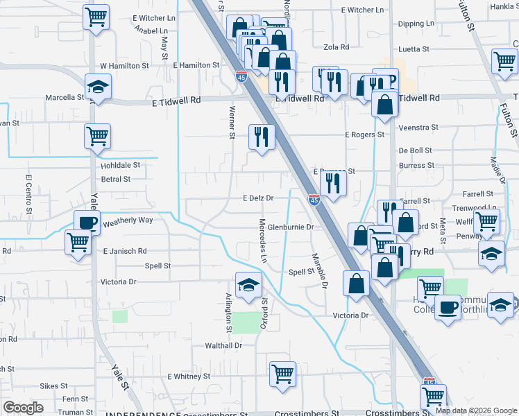 map of restaurants, bars, coffee shops, grocery stores, and more near 447 Gammon Drive in Houston