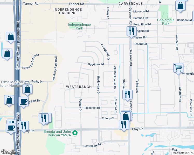 map of restaurants, bars, coffee shops, grocery stores, and more near 4902 Shadowdale Drive in Houston