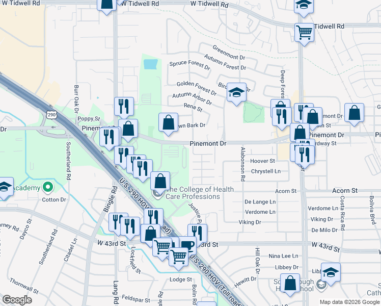 map of restaurants, bars, coffee shops, grocery stores, and more near 5111 Carson Hill Lane in Houston