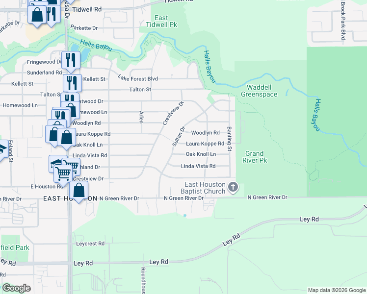 map of restaurants, bars, coffee shops, grocery stores, and more near 9230 Laura Koppe Road in Houston