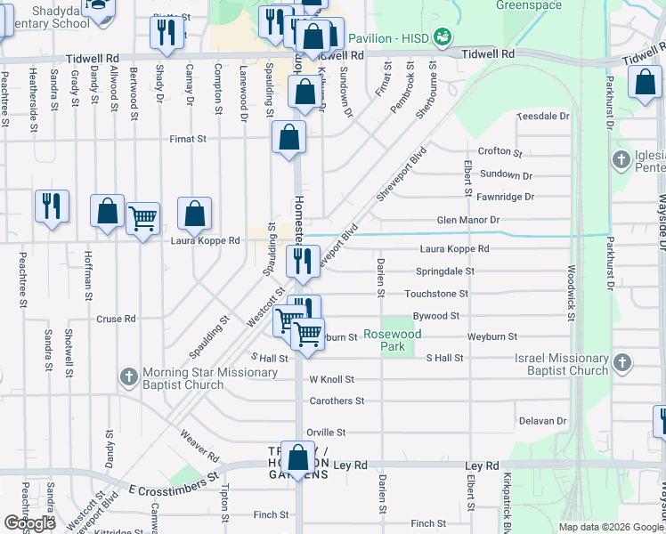 map of restaurants, bars, coffee shops, grocery stores, and more near 8730 Shreveport Boulevard in Houston