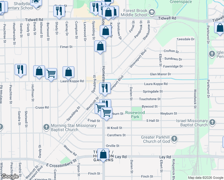 map of restaurants, bars, coffee shops, grocery stores, and more near 8730 Shreveport Boulevard in Houston