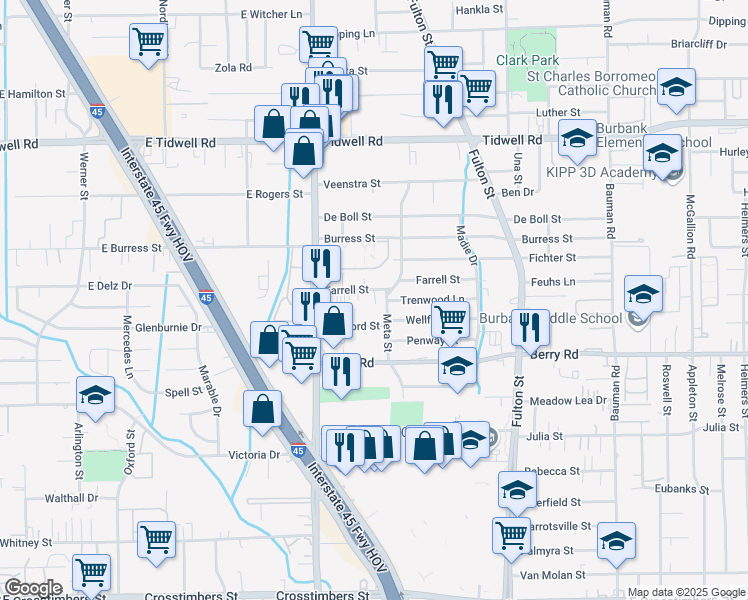 map of restaurants, bars, coffee shops, grocery stores, and more near 26 Farrell Street in Houston