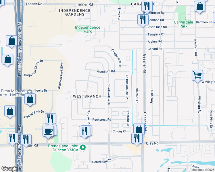 map of restaurants, bars, coffee shops, grocery stores, and more near 4902 Shadowdale Drive in Houston