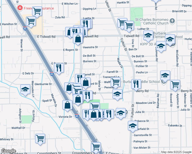 map of restaurants, bars, coffee shops, grocery stores, and more near 26 Farrell Street in Houston