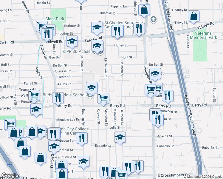 map of restaurants, bars, coffee shops, grocery stores, and more near 605 Berry Road in Houston