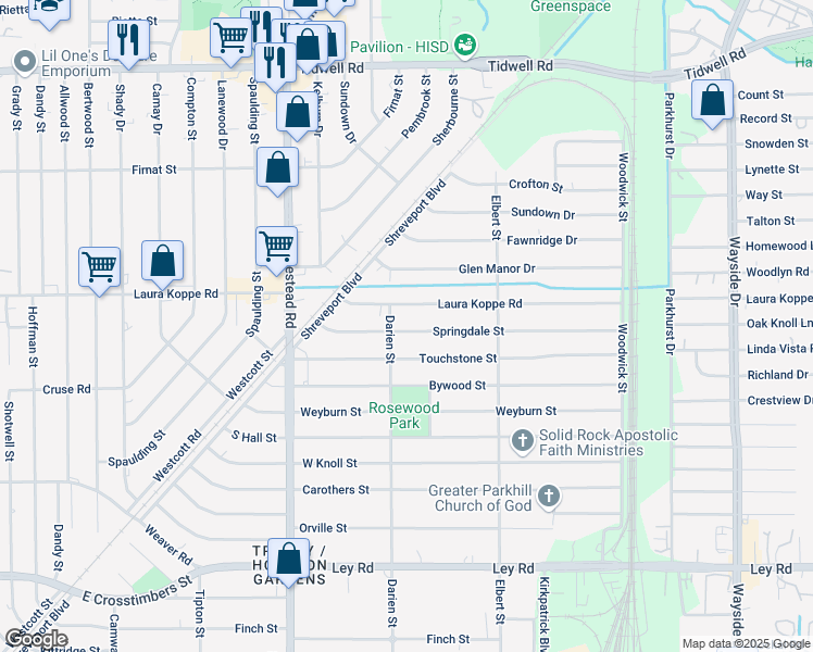 map of restaurants, bars, coffee shops, grocery stores, and more near 7309 Springdale Street in Houston