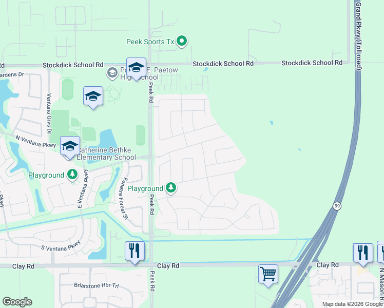 map of restaurants, bars, coffee shops, grocery stores, and more near 4777 Peek Road in Katy