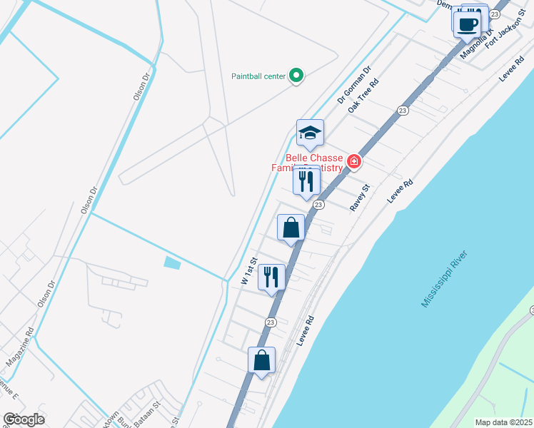 map of restaurants, bars, coffee shops, grocery stores, and more near 206 Concord Street in Belle Chasse